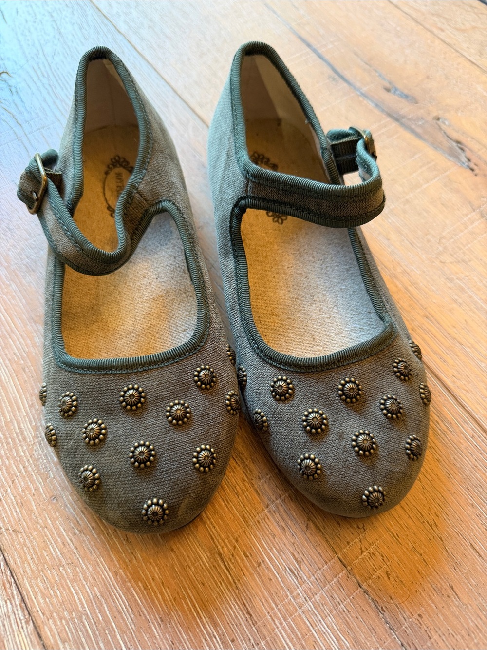 Joyfolie Olive Green Mary Jane Flats with Stud Accents